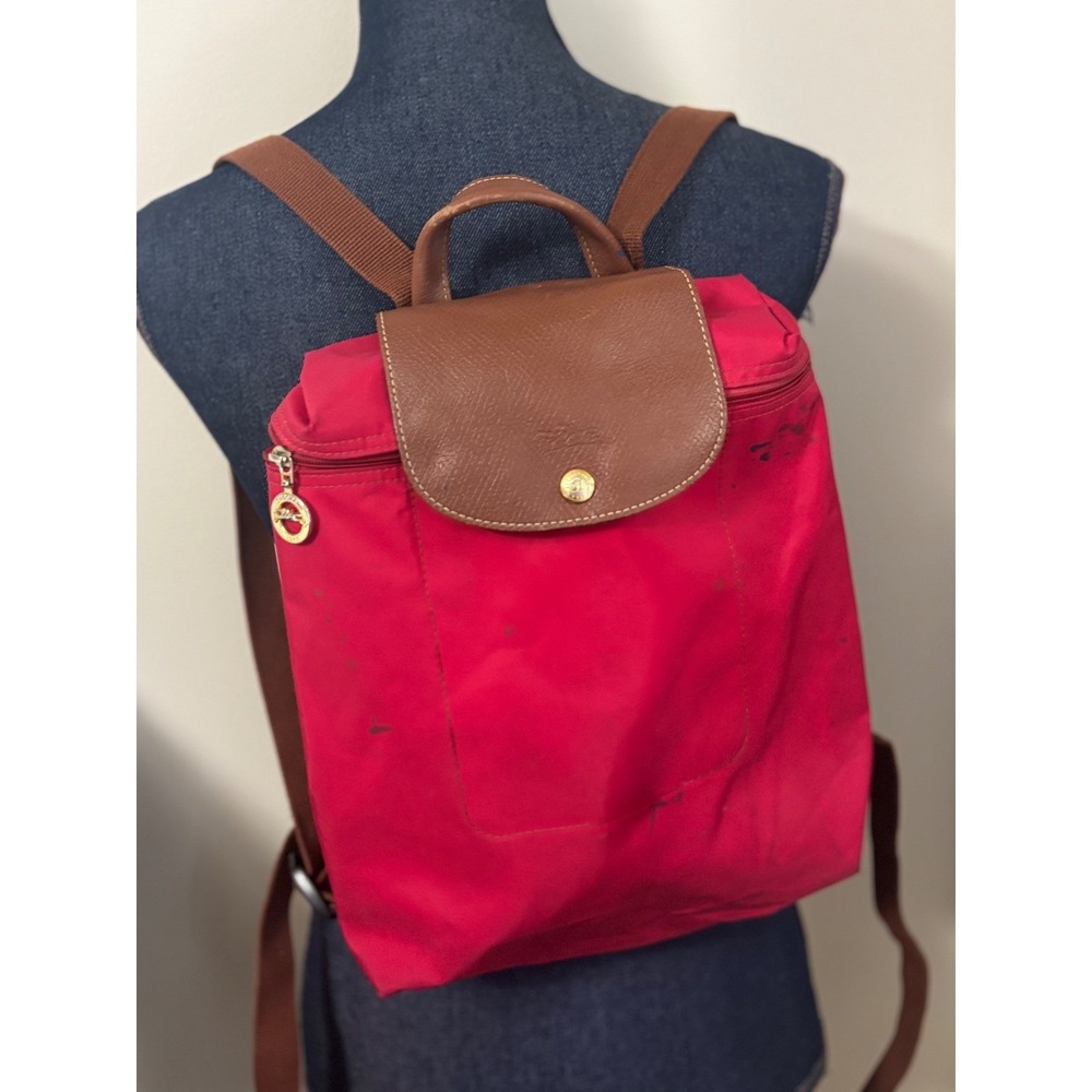Longchamp Le Pliage Red Nylon Backpack Women Gold Zip Leather Trim STAINED
